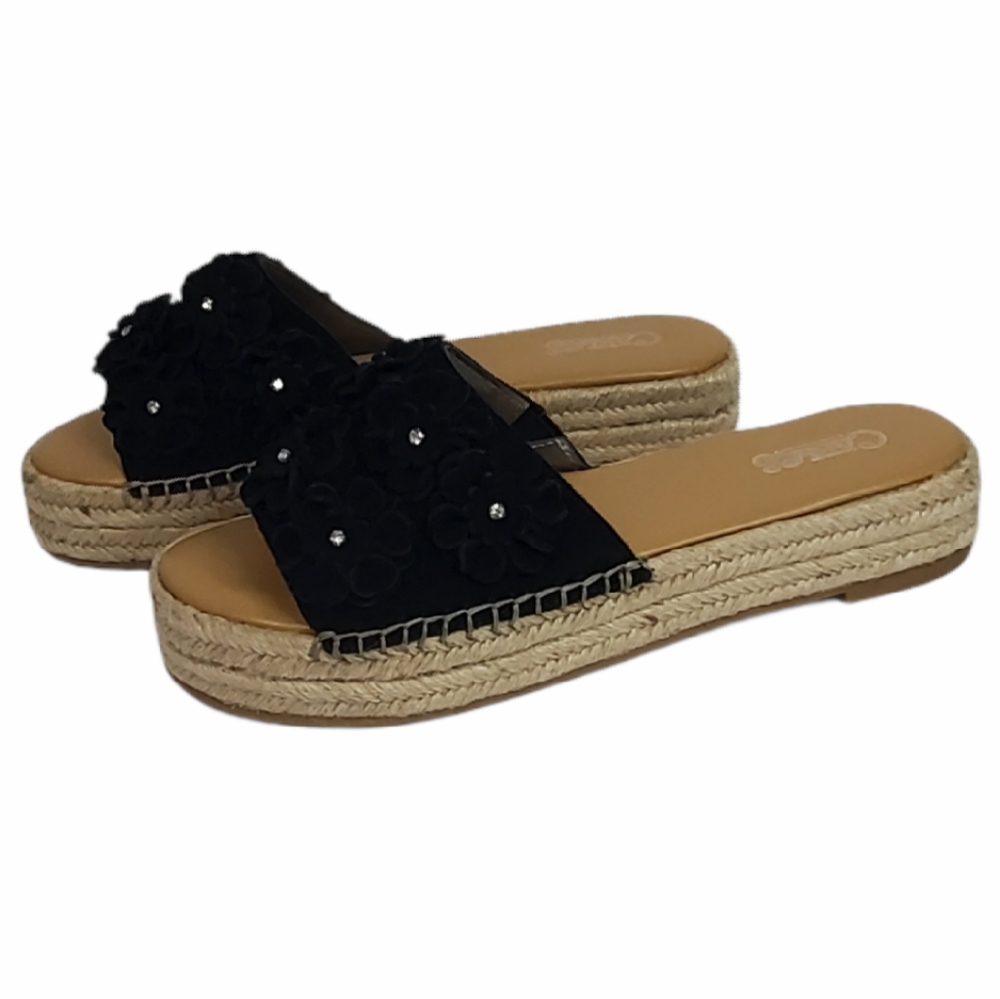 Carlos Santana Black Suede Floral Espadrilles Slides